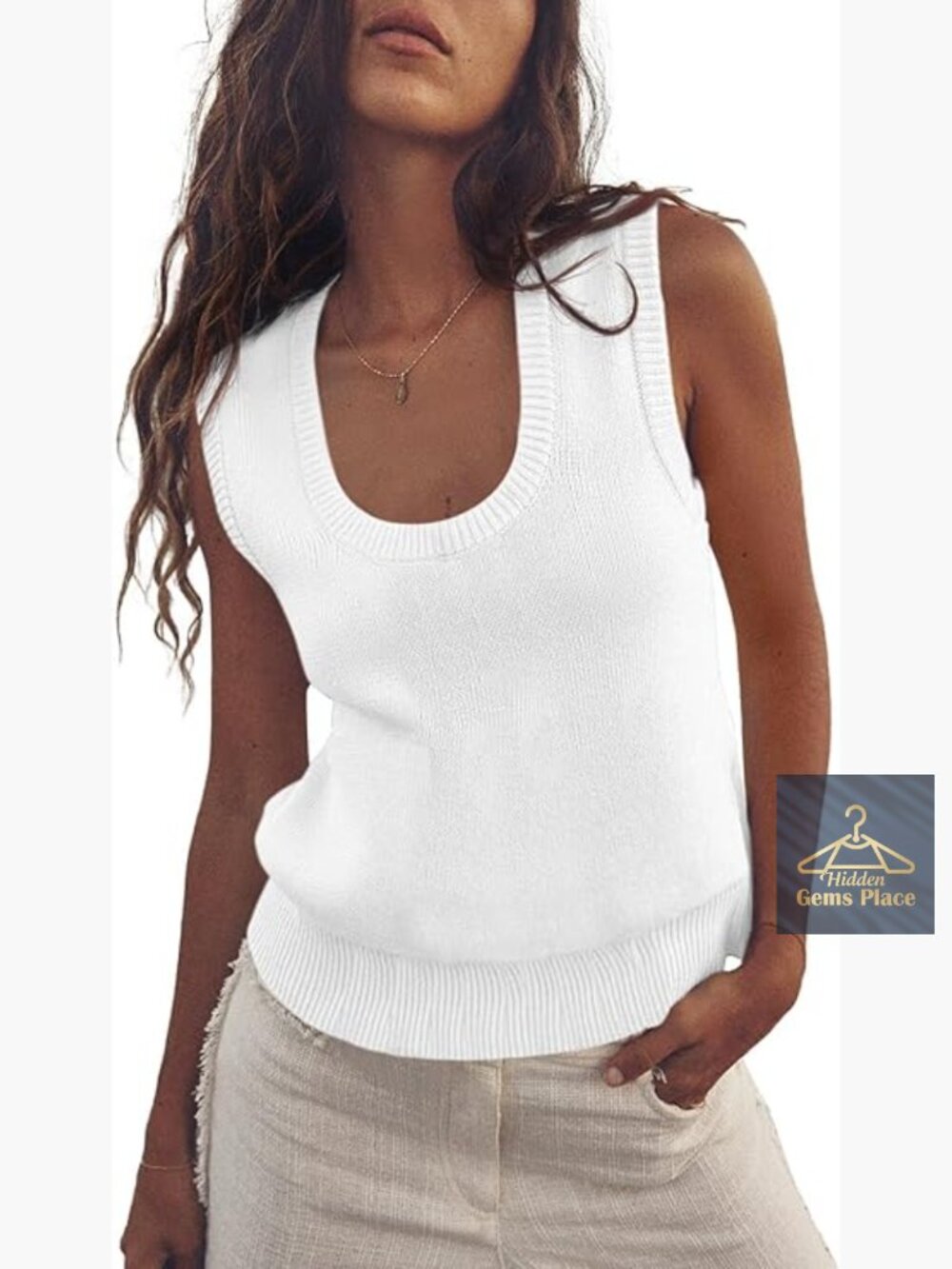 Women's Ribbed Knit Sleeveless Sweater Vest Scoop Neck Tank Top